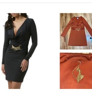 NEW BABY PHAT Y2K Chain Trimmed Cowl Front waisted long sleeve mini dress  M